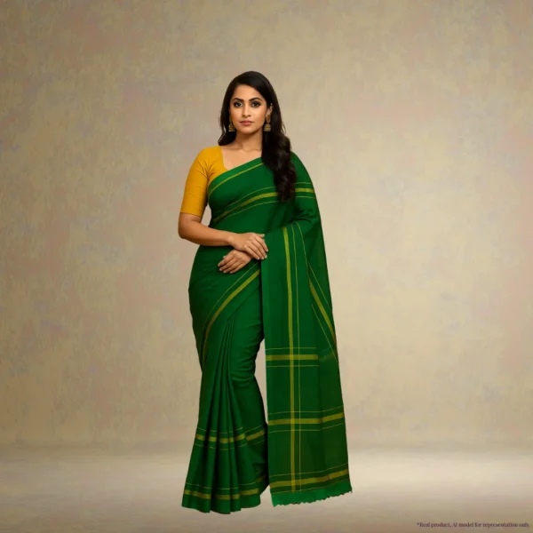 Cotton Silk Saree - Green with Golden Stripes