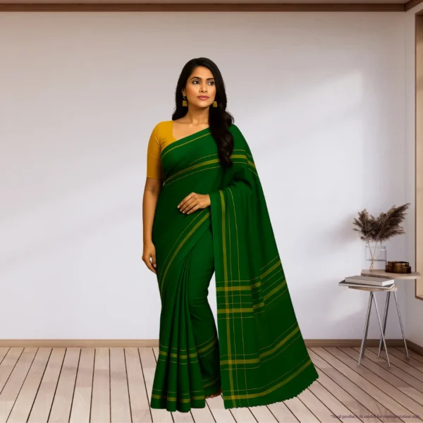 Cotton Silk Saree - Green with Golden Stripes