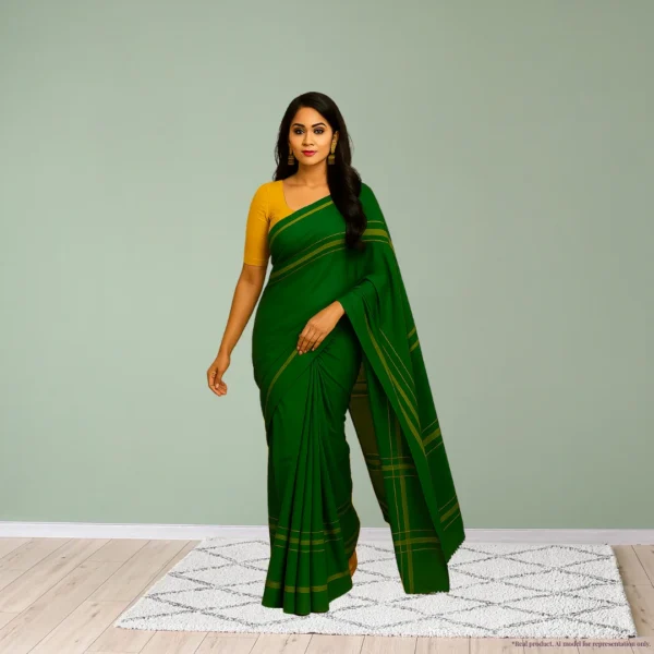 Cotton Silk Saree - Green with Golden Stripes