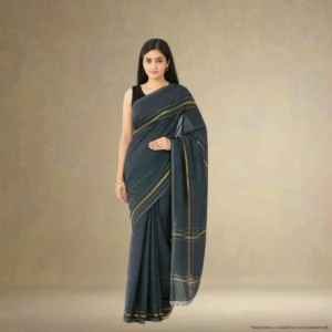 SS0BE0-3 (1) Cotton Silk Saree – Grey with Golden Stripes