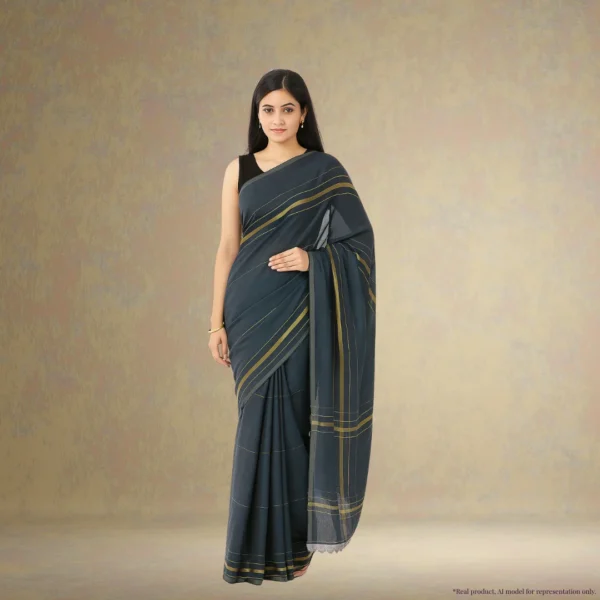 Cotton Silk Saree – Grey with Golden Stripes