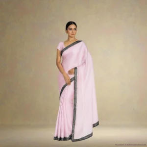 SS0BE0 Georgette Drape – Petal Pink with Navy Blue Border