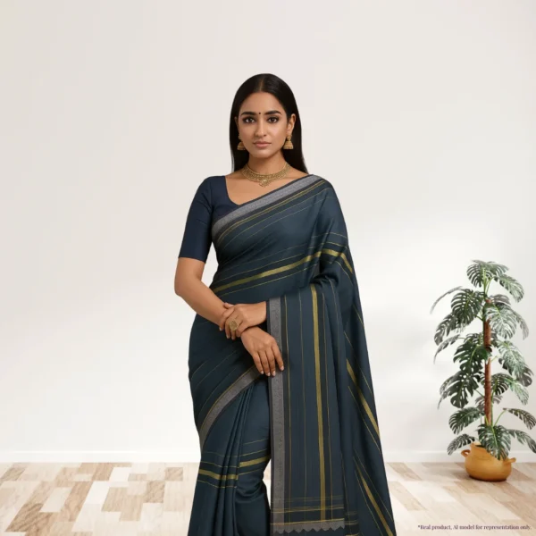 Cotton Silk Saree – Grey with Golden Stripes