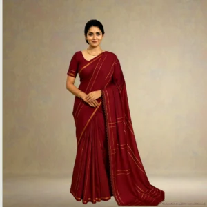 SS0BE0-4 Cotton Silk Saree – Dark Red with Golden Stripes