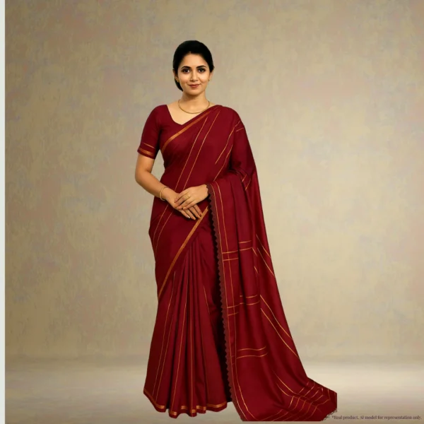 Cotton Silk Saree – Dark Red with Golden Stripes