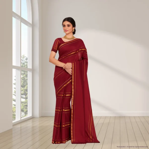 Cotton Silk Saree – Dark Red with Golden Stripes