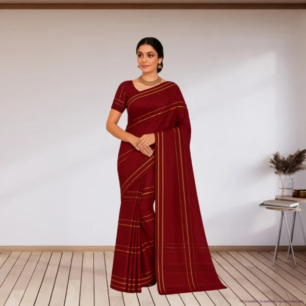 Cotton Silk Saree – Dark Red with Golden Stripes