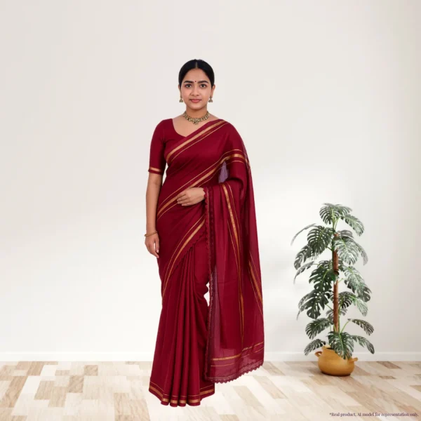 Cotton Silk Saree – Dark Red with Golden Stripes