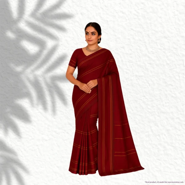 Cotton Silk Saree – Dark Red with Golden Stripes
