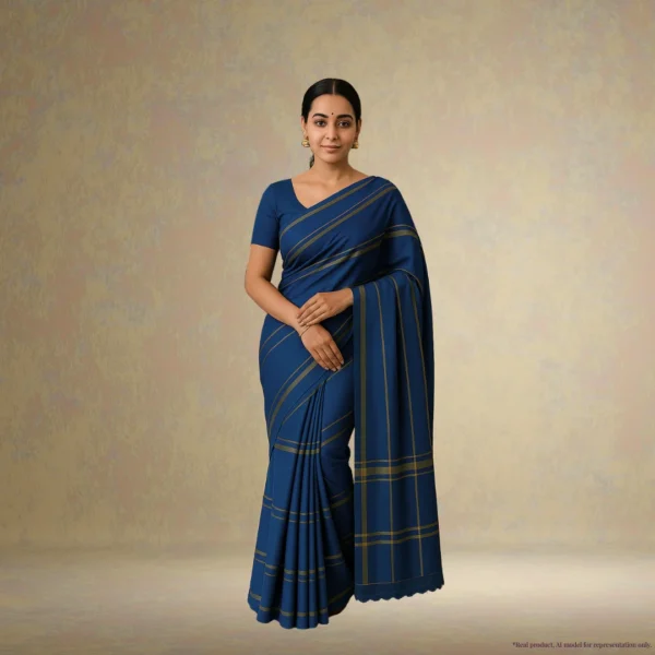 Cotton Silk Saree – Prussian Blue with Golden Stripes