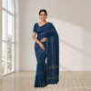 Cotton Silk Saree – Prussian Blue with Golden Stripes