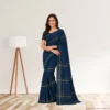 Cotton Silk Saree – Prussian Blue with Golden Stripes