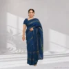 Cotton Silk Saree – Prussian Blue with Golden Stripes