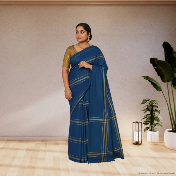 Cotton Silk Saree – Prussian Blue with Golden Stripes