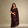Cotton Silk Saree – Seal Brown with Golden Stripes