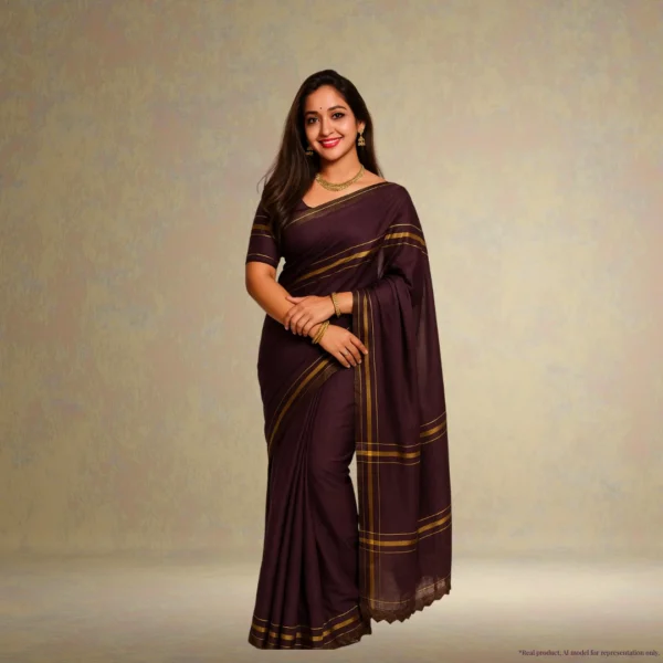Cotton Silk Saree – Seal Brown with Golden Stripes