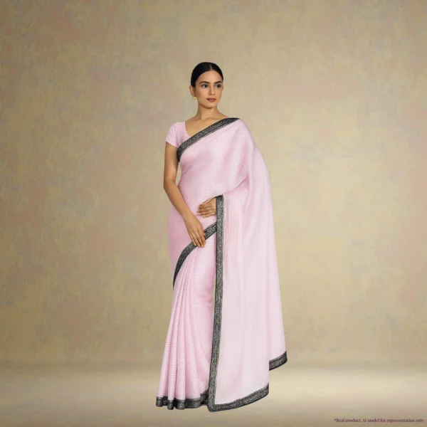 Georgette Drape – Petal Pink with Navy Blue Border