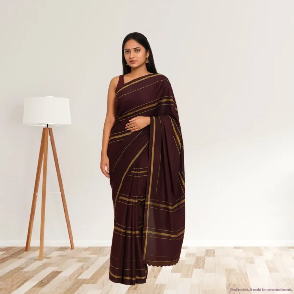 Cotton Silk Saree – Seal Brown with Golden Stripes