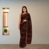 Cotton Silk Saree – Seal Brown with Golden Stripes