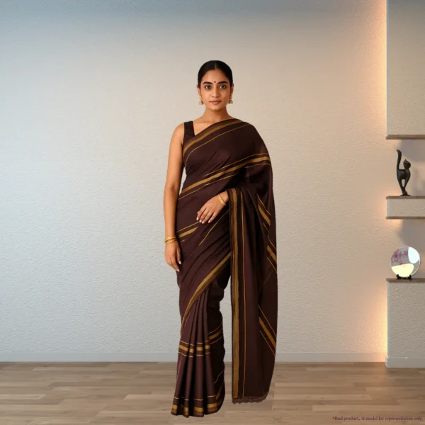 Cotton Silk Saree – Seal Brown with Golden Stripes