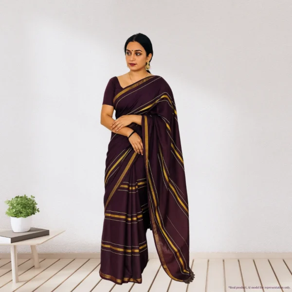Cotton Silk Saree – Seal Brown with Golden Stripes