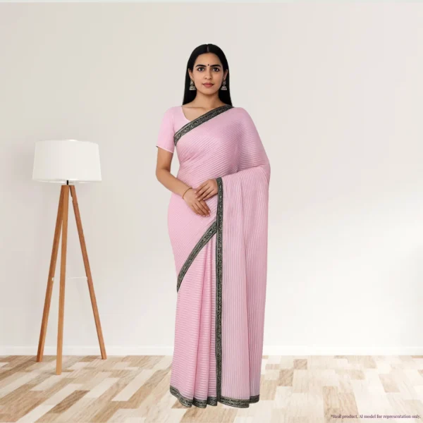 Georgette Drape – Petal Pink with Navy Blue Border