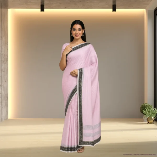 Georgette Drape – Petal Pink with Navy Blue Border