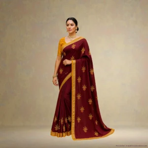 SS0CE0-1 Dola Silk Drape – Royal Maroon with Yellow Motifs