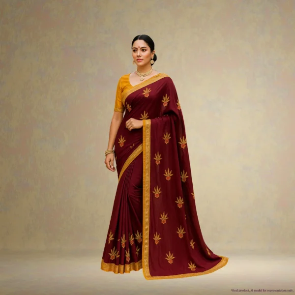 Dola Silk Drape – Royal Maroon with Yellow Motifs