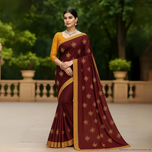 Dola Silk Drape – Royal Maroon with Yellow Motifs