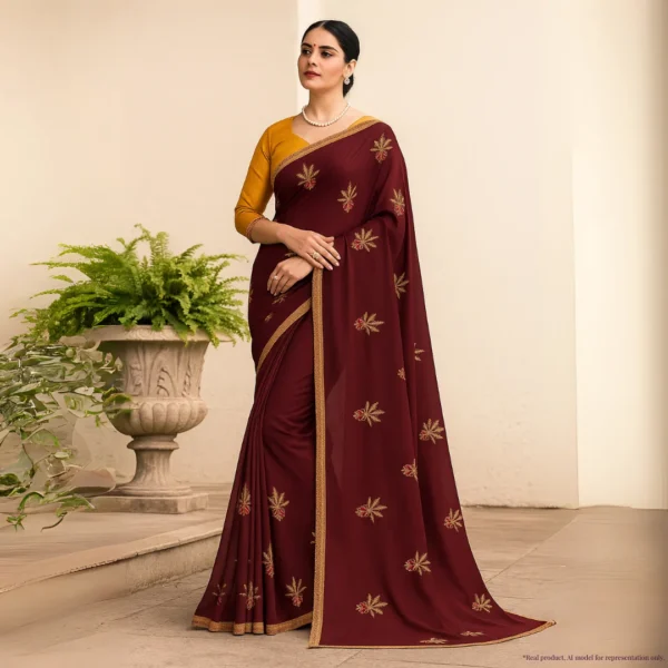 Dola Silk Drape – Royal Maroon with Yellow Motifs