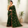 Dola Silk Drape – Deep Forest Green with Yellow Motifs