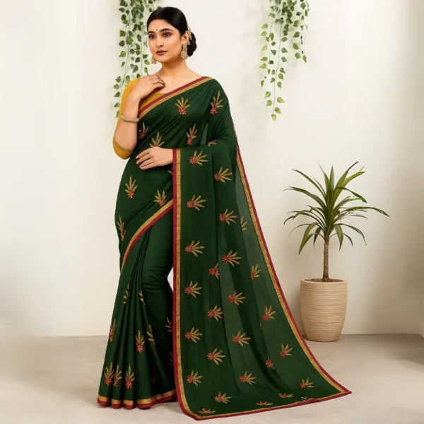 Dola Silk Drape – Deep Forest Green with Yellow Motifs