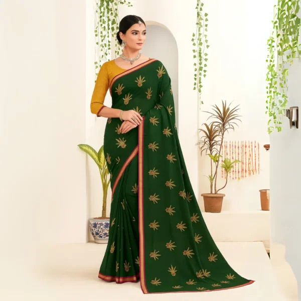 Dola Silk Drape – Deep Forest Green with Yellow Motifs