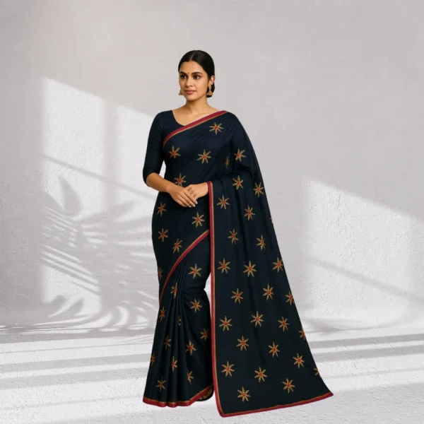 Dola Silk Drape – Midnight Blue with Yellow Motifs