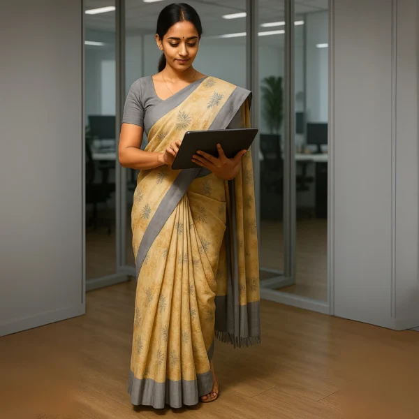 Elegant Warm Beige Cotton Saree with Grey Border