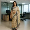 Elegant Warm Beige Cotton Saree with Grey Border