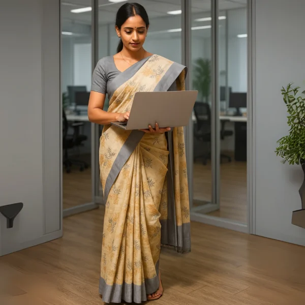 Elegant Warm Beige Cotton Saree with Grey Border