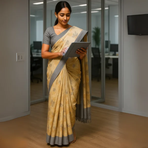 Elegant Warm Beige Cotton Saree with Grey Border