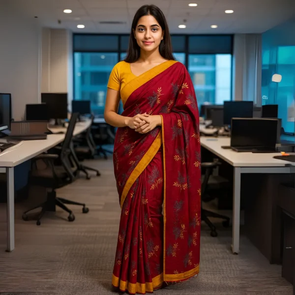 Elegant Deep Maroon Cotton Saree with  Antique Gold Border