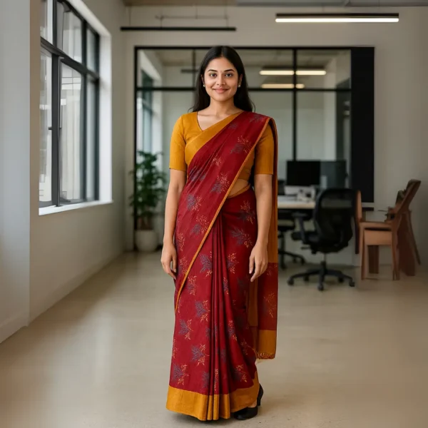 Elegant Deep Maroon Cotton Saree with  Antique Gold Border