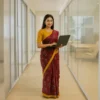 Elegant Deep Maroon Cotton Saree with  Antique Gold Border