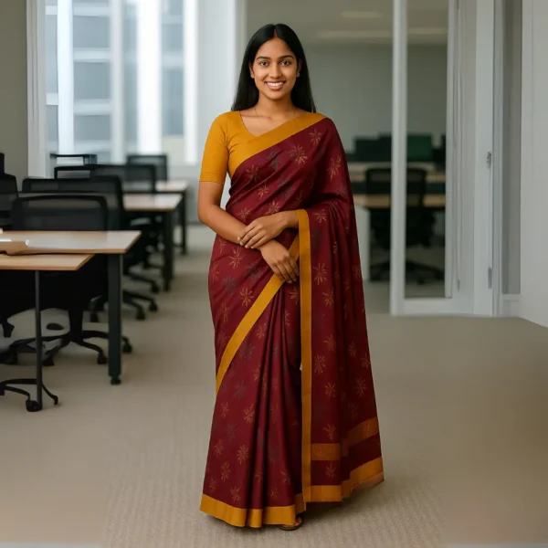 Elegant Deep Maroon Cotton Saree with  Antique Gold Border