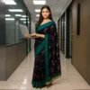 Elegant Dark Navy Blue Cotton Saree with Teal Green Border