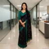 Elegant Dark Navy Blue Cotton Saree with Teal Green Border