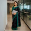 Elegant Dark Navy Blue Cotton Saree with Teal Green Border