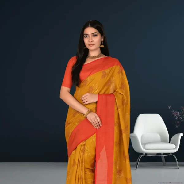Elegant Mustard Brown Cotton Saree with Orange Border