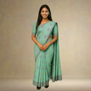 SS0CE0-1 Elegant Dusty Aqua Grey Cotton Saree with Grey Border
