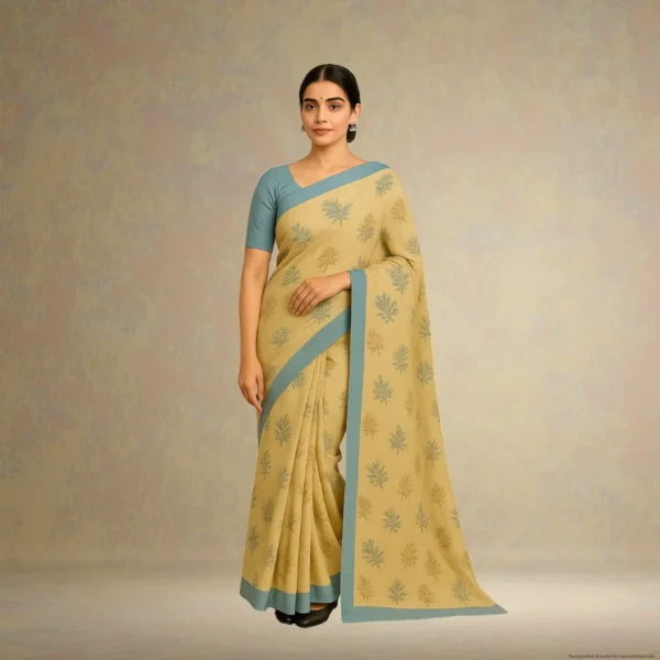 Elegant Beige-Gold Cotton Saree with Grey Border