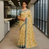Elegant Beige-Gold Cotton Saree with Grey Border
